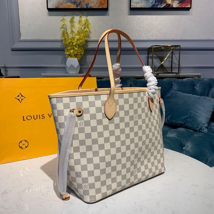 LV Neverfull MM Tote Bag Damier Azur Canvas Rose Ballerine Pink 12.2in/31cm For Women N41605