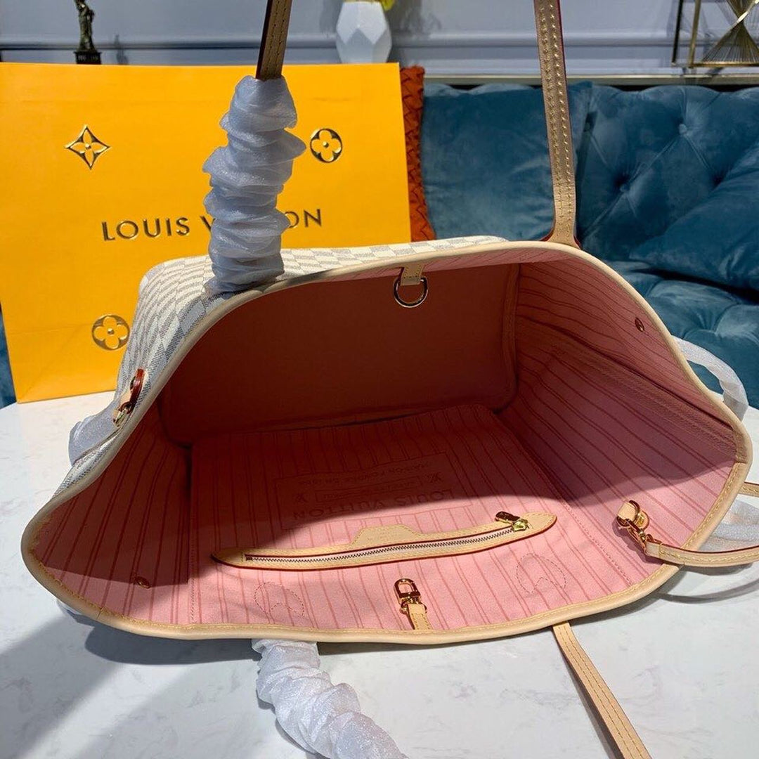 LV Neverfull MM Tote Bag Damier Azur Canvas Rose Ballerine Pink 12.2in/31cm For Women N41605